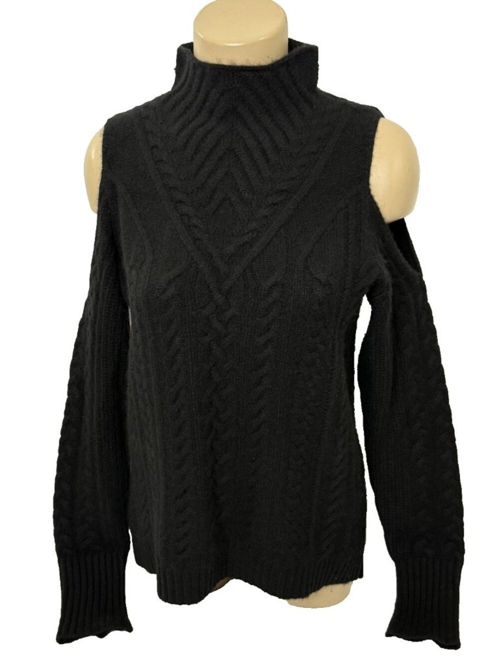 AQUA 100% Cashmere Mock Neck Cold Shoulder Sweater Womens size Medium Black